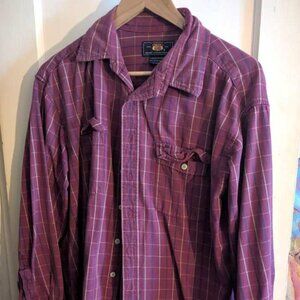 Men's L Route 66 Maroon Blue Stripe Flannel Long Sleeve Button Down Shirt